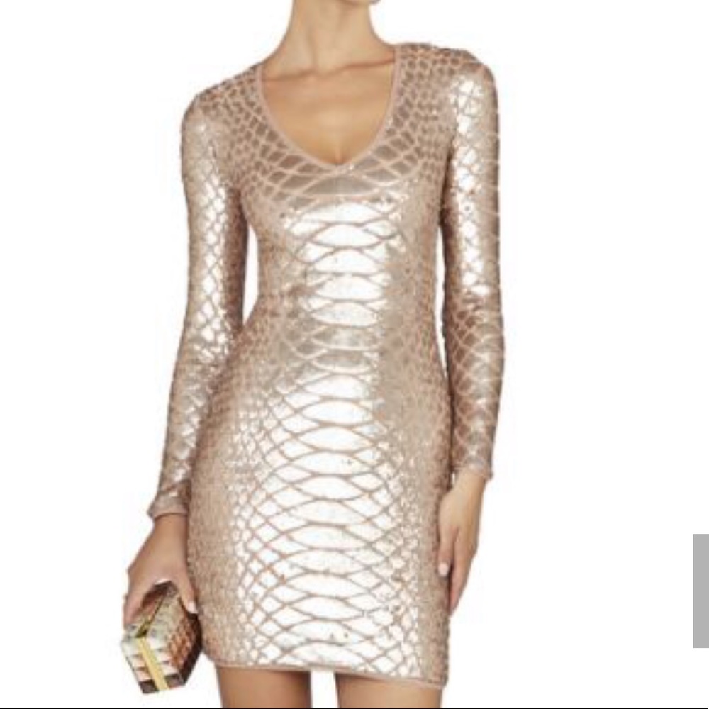 Sabryna BCBG long sleeve gold dress